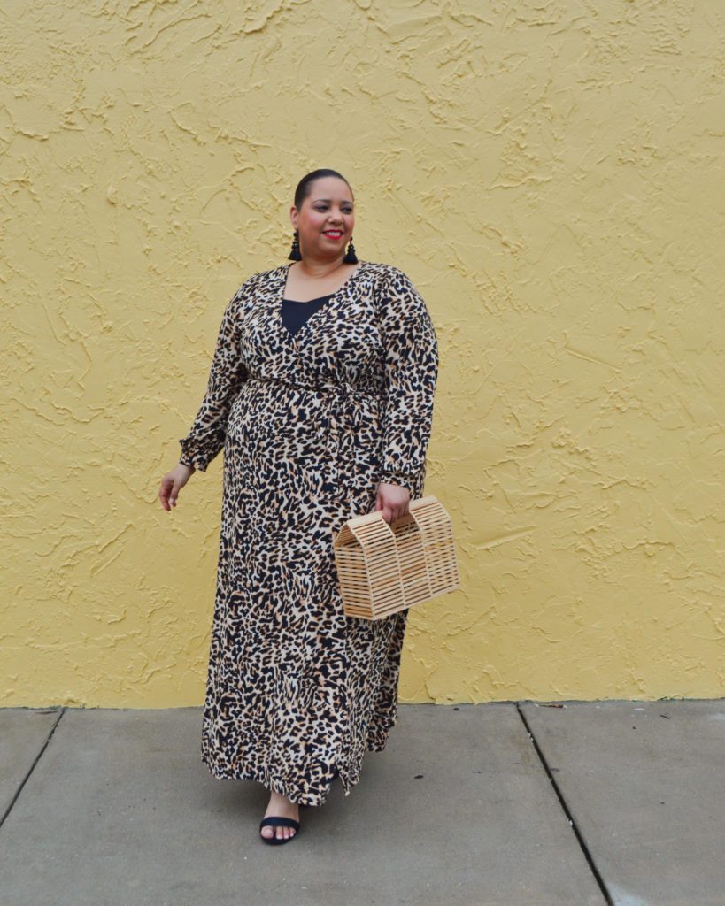 Tampa plus size blogger Farrah Estrella wearing a leopard print maxi dress