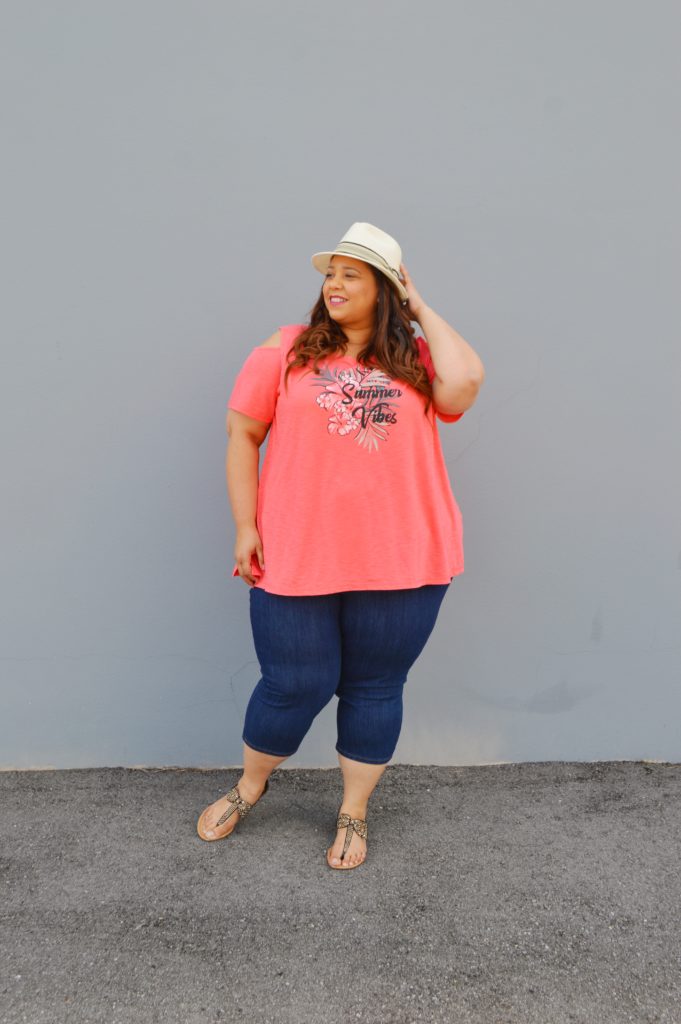coral plus size top and plus size jeans