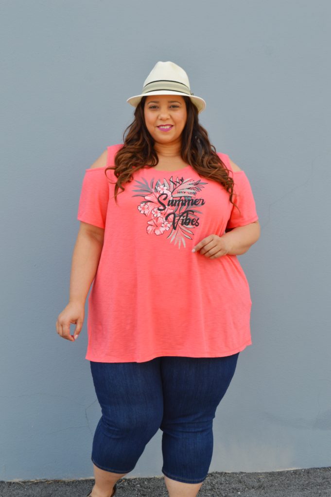 coral plus size top and jeans
