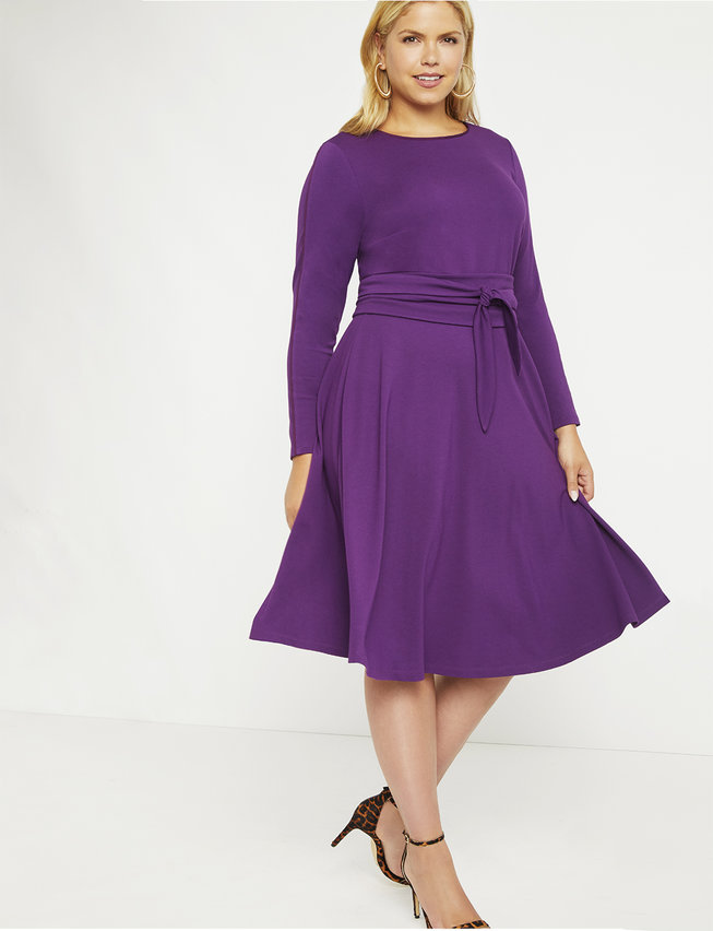 Purple plus size Long Sleeve Fit and Flare Dress