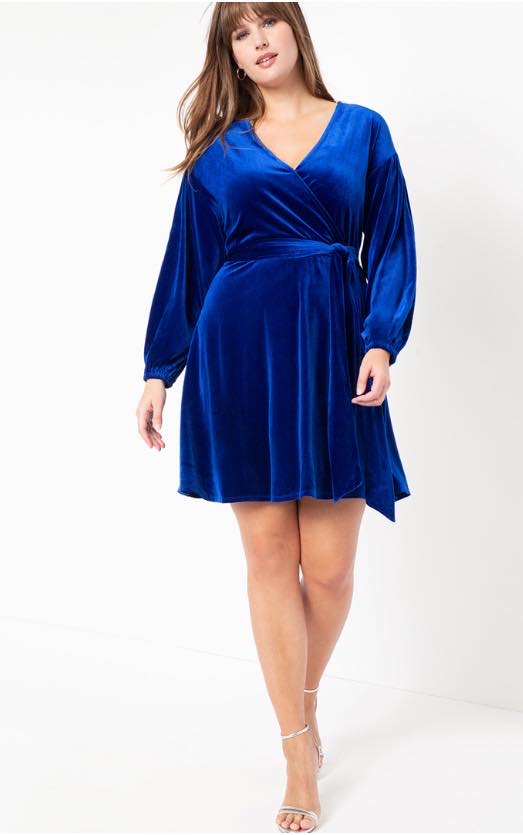 blue plus size velvet wrap dress