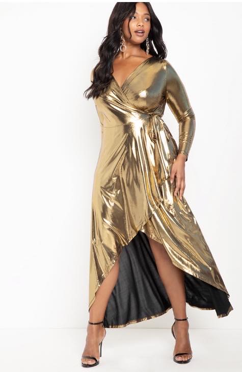 gold metallic wrap maxi dress
