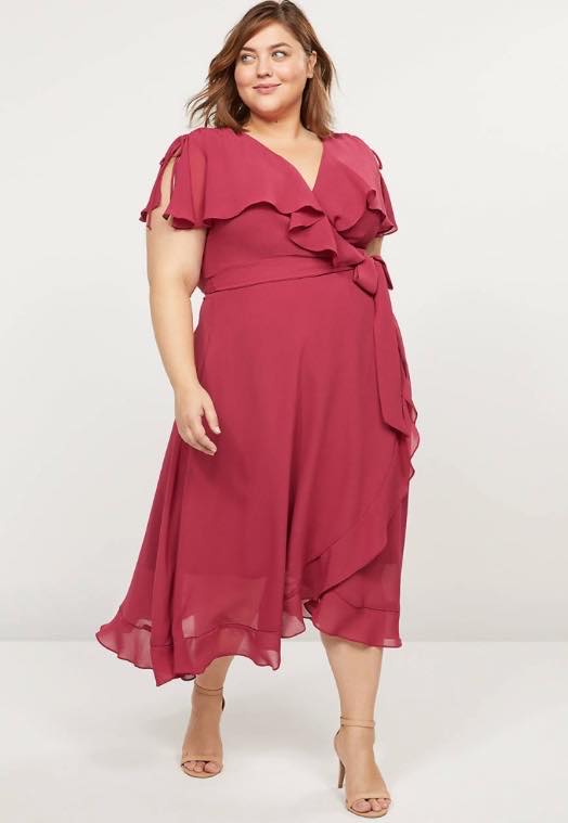 plus size Flutter-Sleeve Faux-Wrap Midi Dress