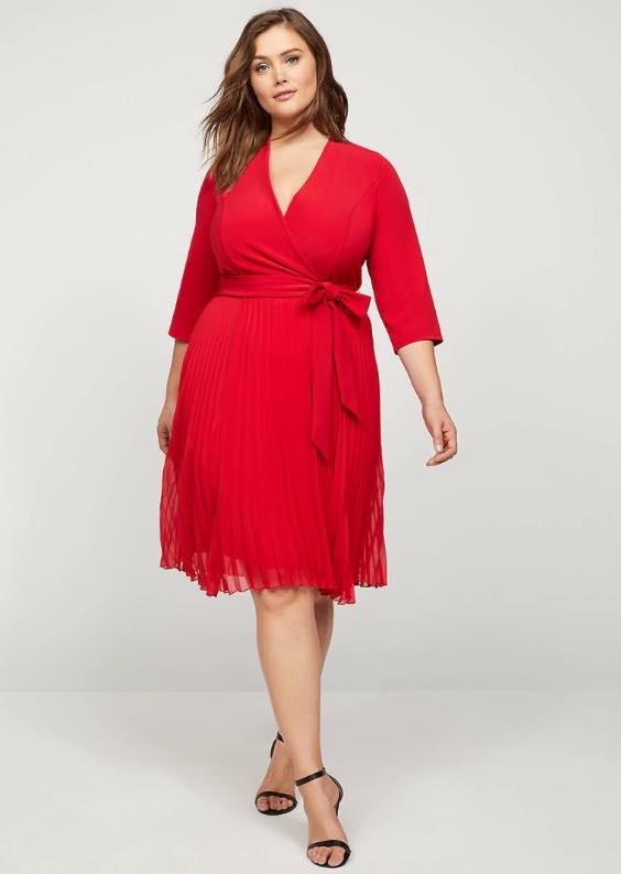 red plus size Mixed-Fabric Faux-Wrap Fit & Flare Dress