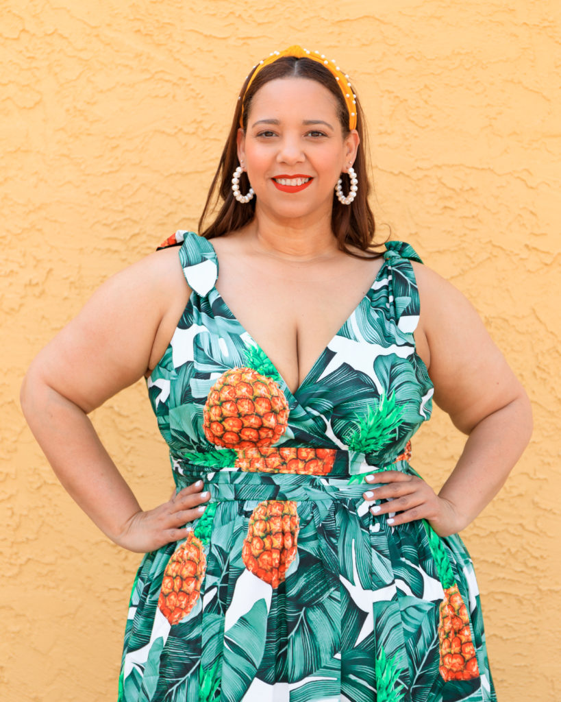 Tampa Fashion Blogger Farrah Estrella wearing a pineapple print dress
