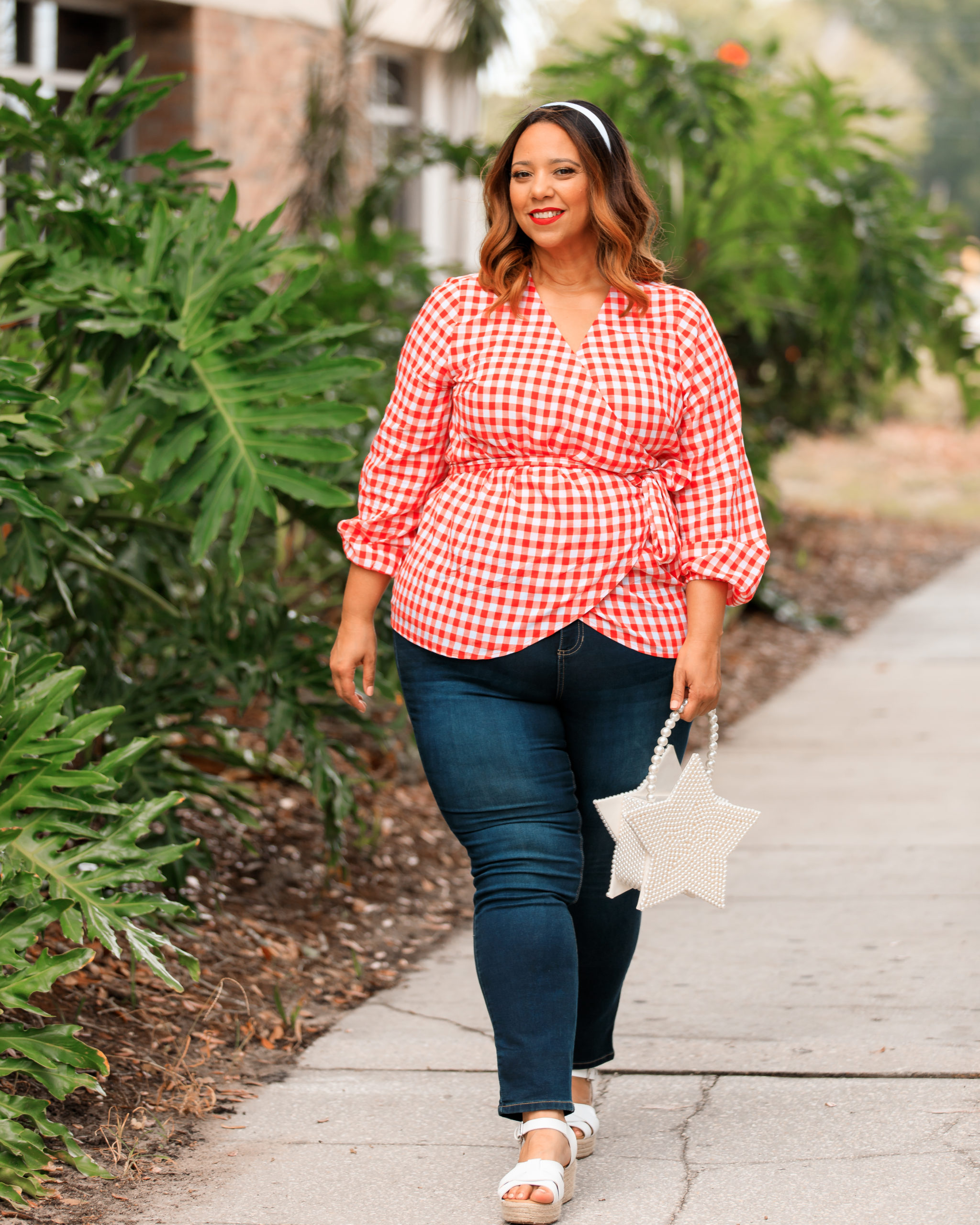 Red & White Gingham Wrap Top & Jeans