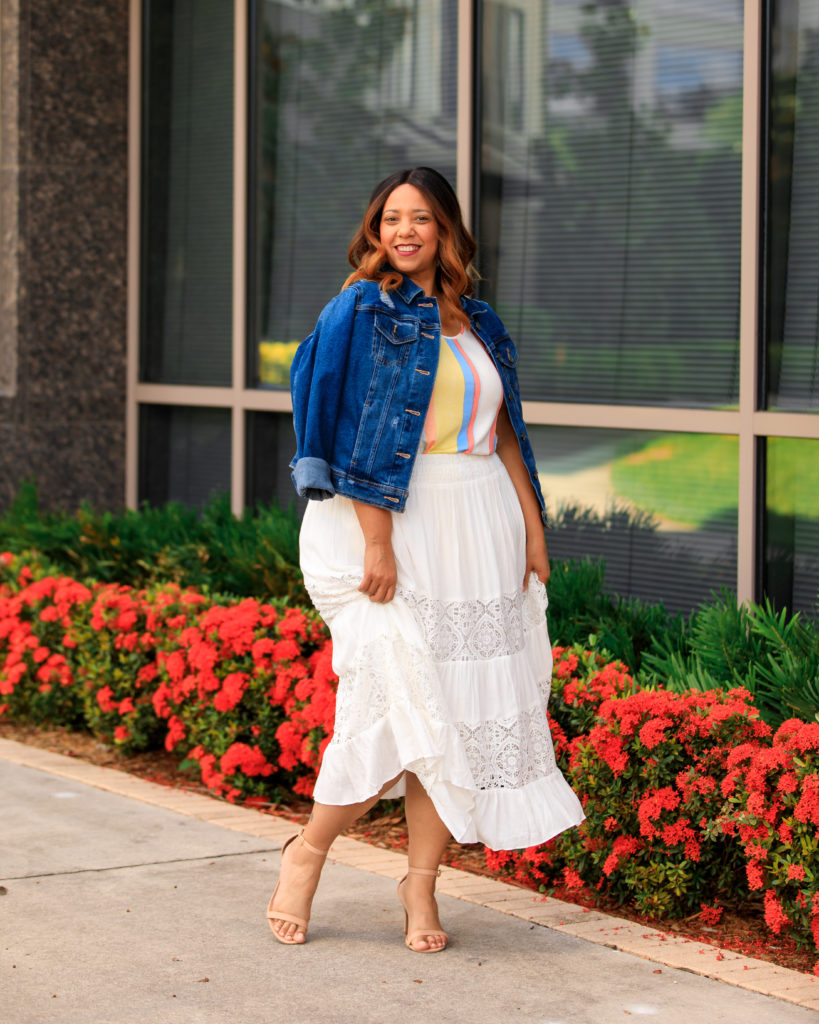 Tampa influencer Farrah Estrella wearing a White Maxi Skirt & Denim Jacket