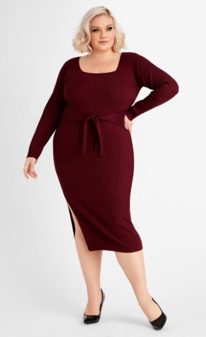 Wine Belted Square Neck Sweater Dress