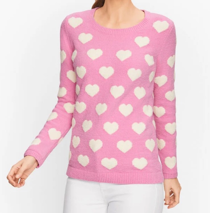 pink and white SOFT TERRY HEARTS CREWNECK SWEATER