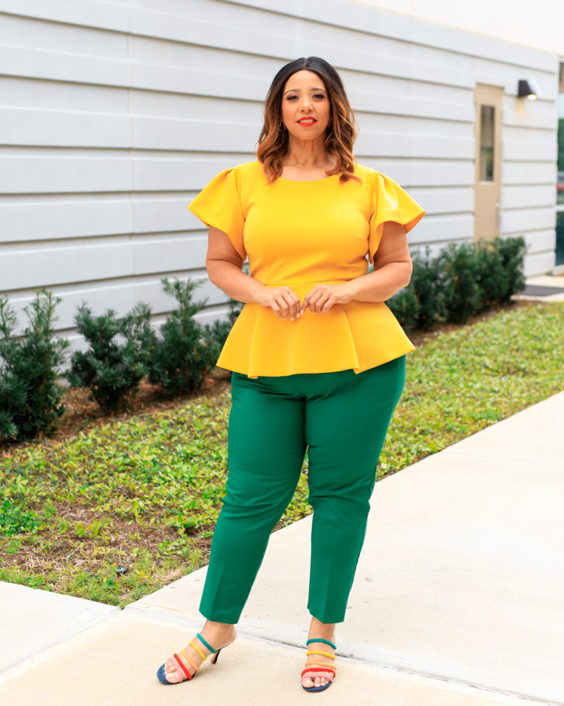 Blogger Farrah Estrella wearing a Green & Yellow Color Combination