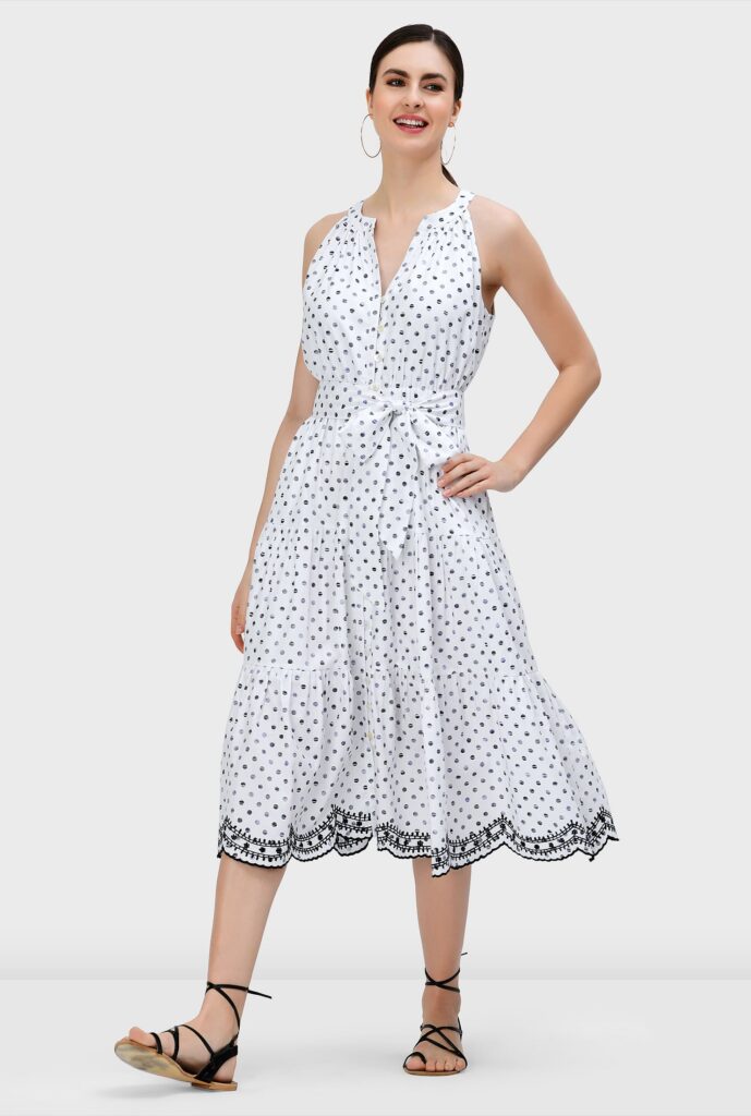 Scallop Embroidery Polka Dot Print Cotton Tiered Dress