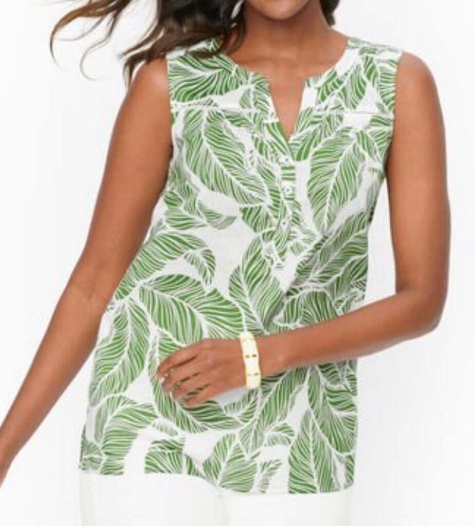 SPLIT NECK VOILE SHELL - LAYERED PALM LEAVES