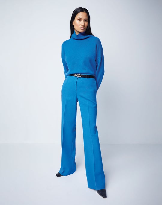 blue turtleneck sweater and pant 