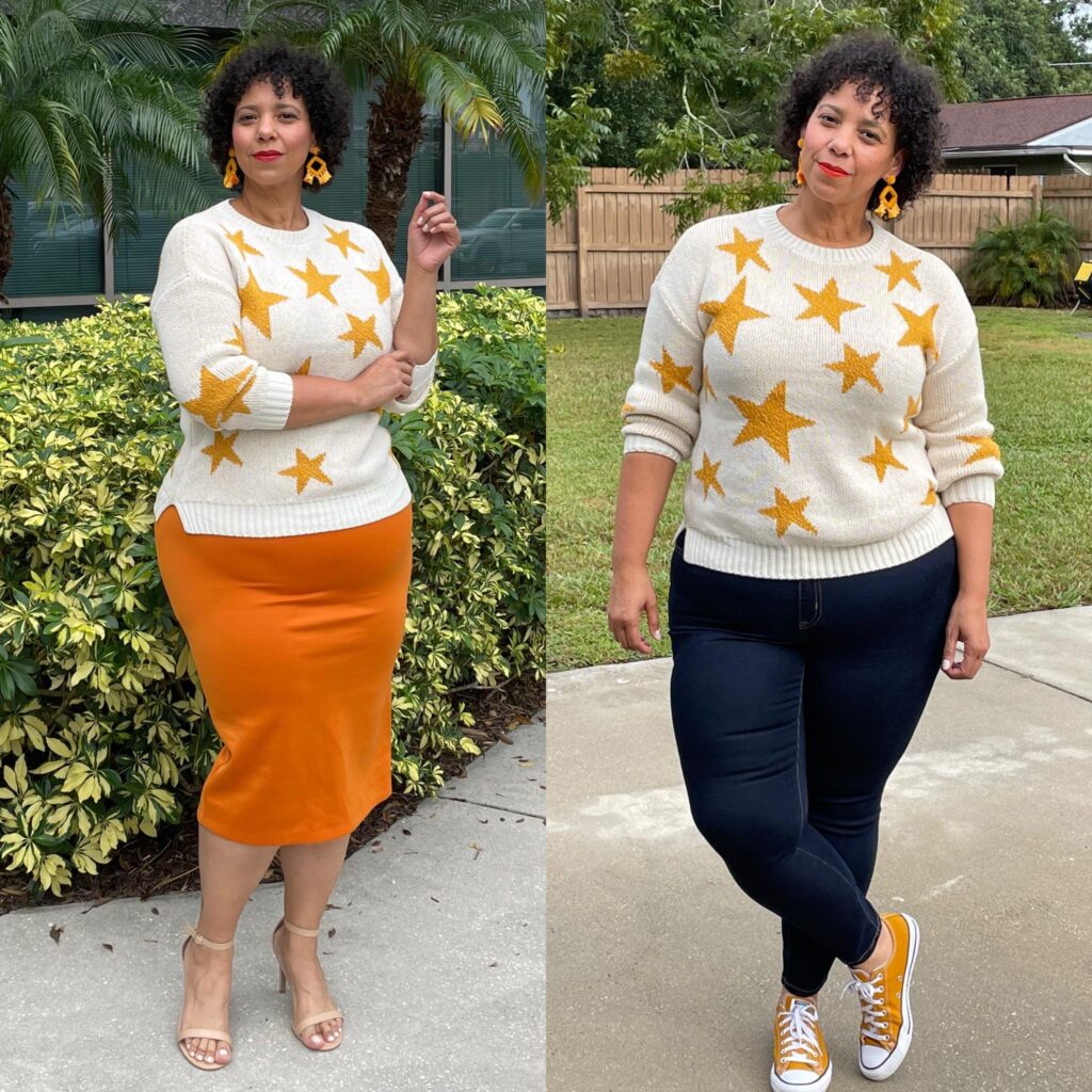 Star Print Sweater Styled Two Ways