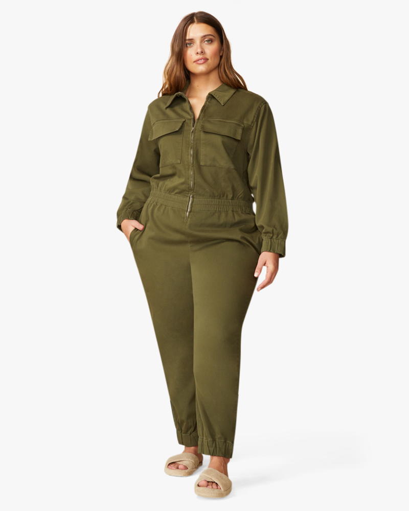 warp and weft army green Syd Utility Jumpsuit via dia and company 
