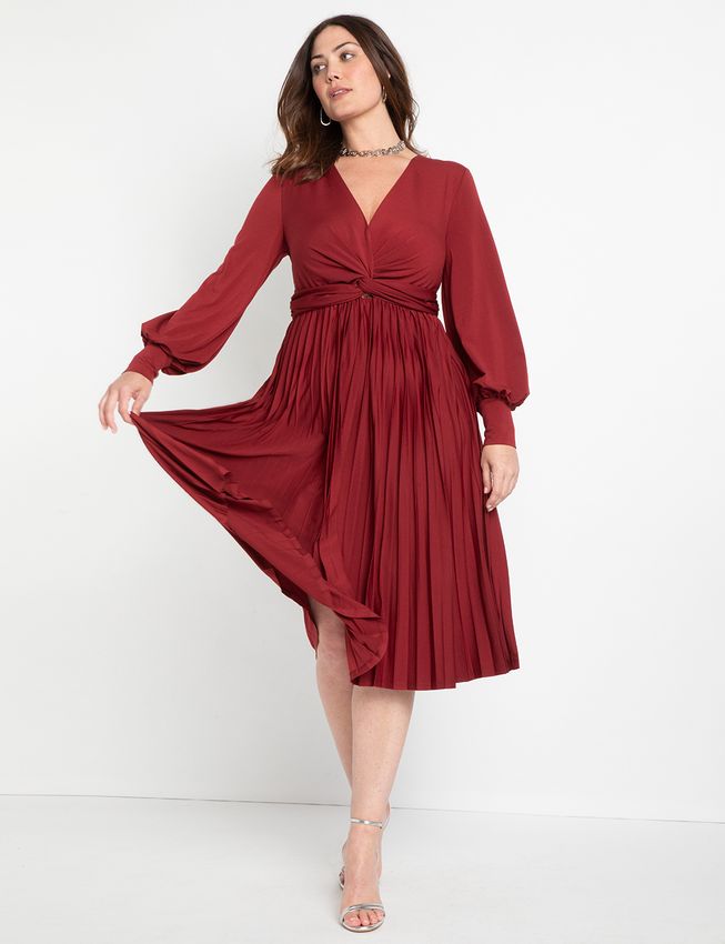 Red Knot Front Pleated Skirt Dress
