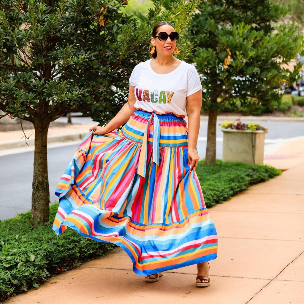 fashion blogger Farrah Estrella wearing  a Farm Rio skirt