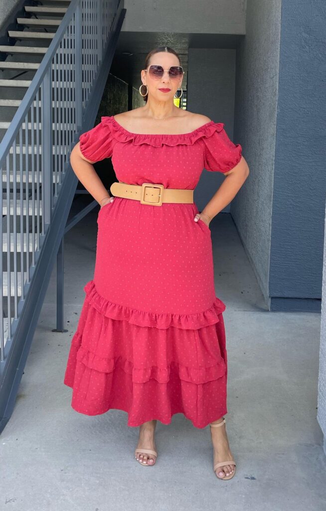 Red Dot Off-The-Shoulder Maxi Dress With Tiered Ruffles