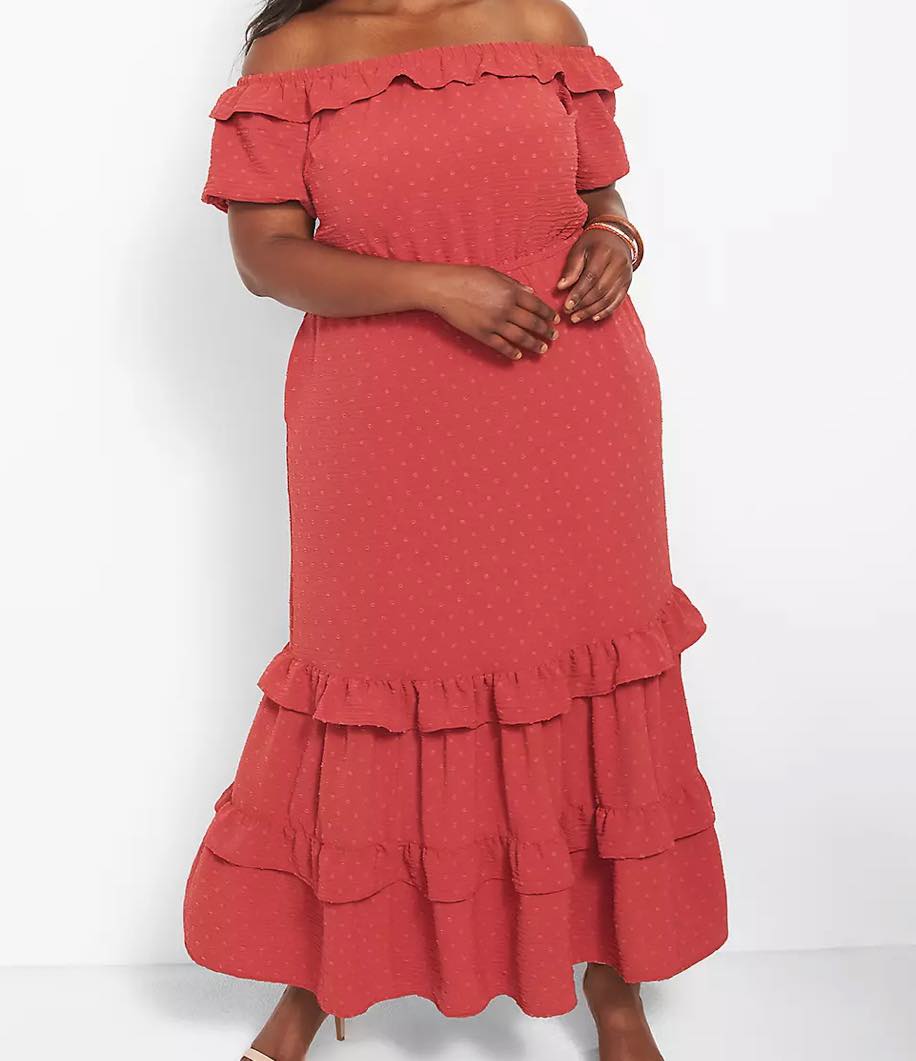 red Off-The-Shoulder Maxi Dress With Tiered Ruffles