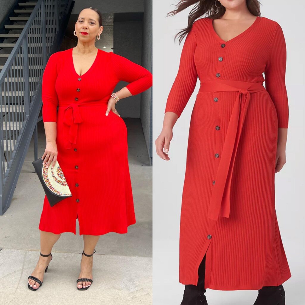 Red 3/4-Sleeve V-Neck Button-Front Belted Sweater Dress