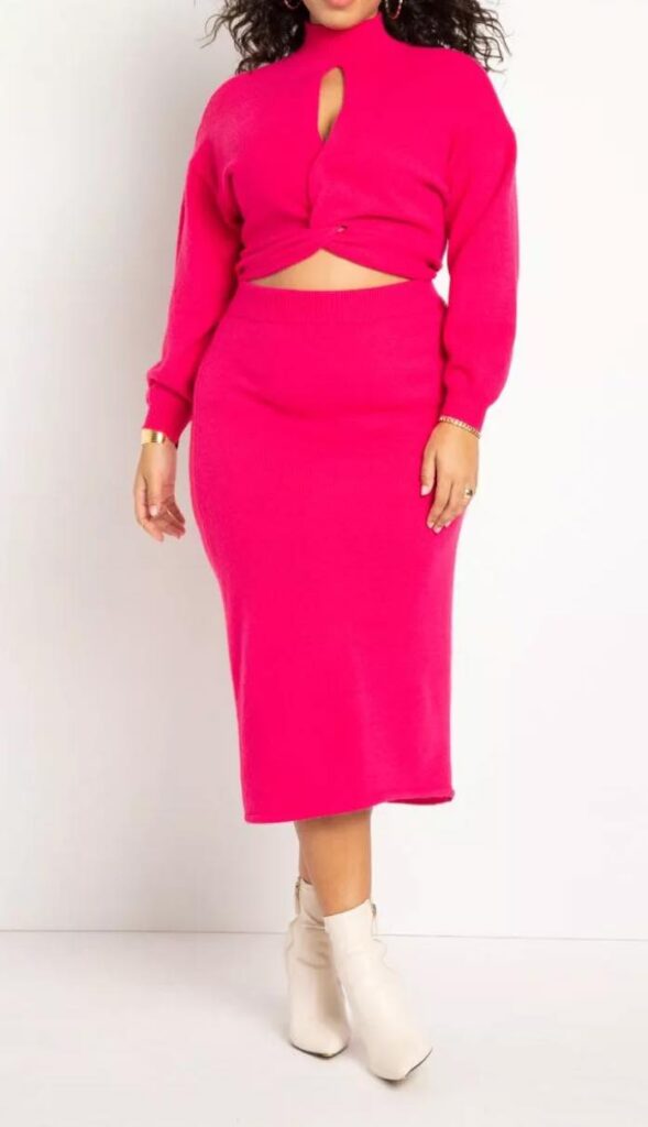 pink Twist Front Cropped Sweater and skirt