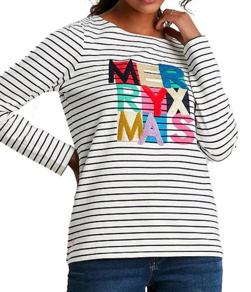 Joules Harbour Striped Print Luxe Boat Neck Long Sleeve Textured Merry X-Mas Jersey Top